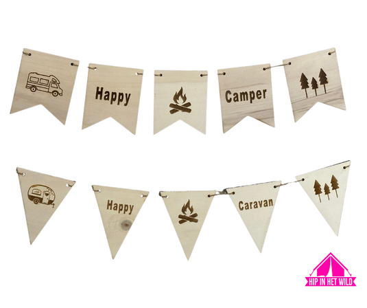 Houten camping vlaggenlijn in camper of caravan print
