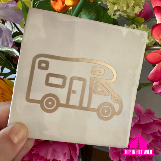 Tegeltje camper in offwhite- roze goud