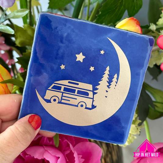 Tegeltje Blauw met Camper Van en maan in goud