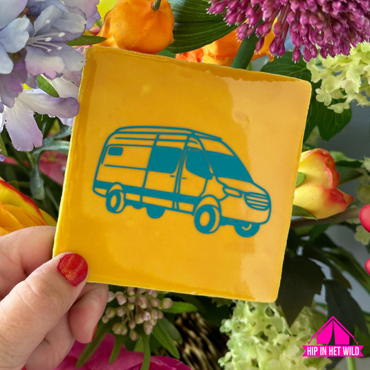 'Tegeltje geel met turquoise camper bus