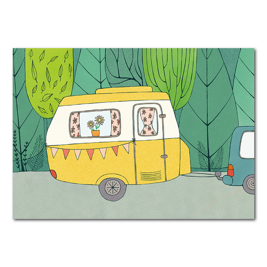 Gele retro caravan - ansichtkaart