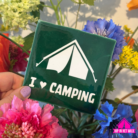 Tegeltje groen met I love camping in wit