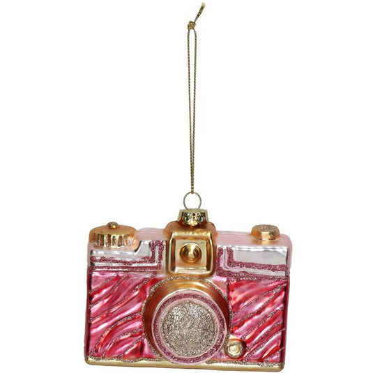 Kerstornament Camera Zebra Roze met glitters – glas