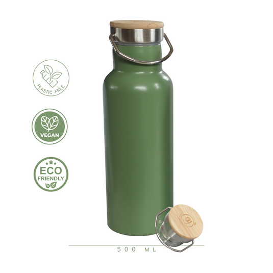 Duurzame RVS Thermosfles met Bamboe Dop | Groen 500ml