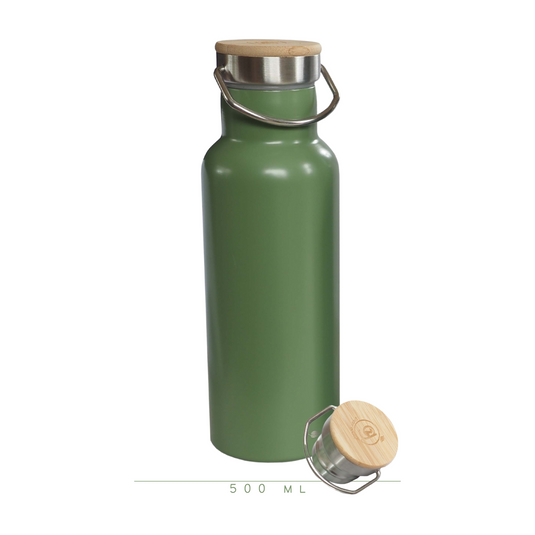Duurzame RVS Thermosfles met Bamboe Dop | Groen 500ml