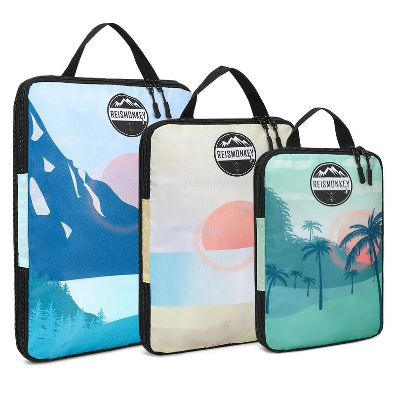 Afbeelding laden in Galerijviewer, Reismonkey Compress-it™ Packing Cubes – Koffer Organizer met Compressie – Set van 3 - print

