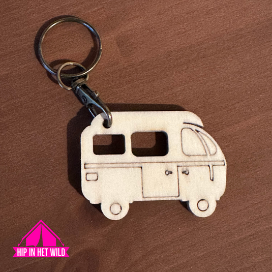 Houten Sleutelhangers in diverse type caravans, campers of vouwwagen