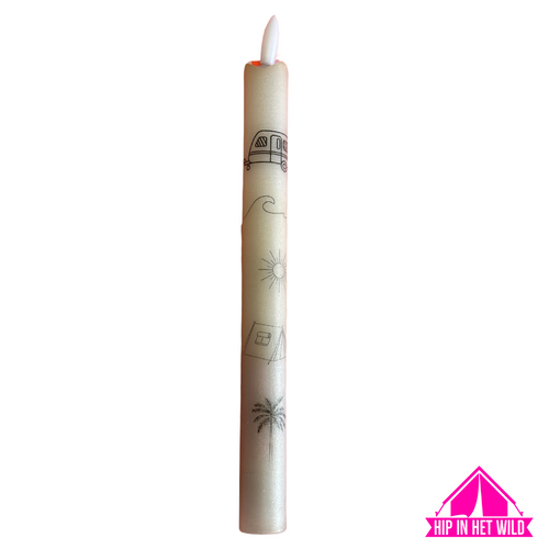 Ledkaars in beige met glinstering met caravan, tent en palmboom p.s.