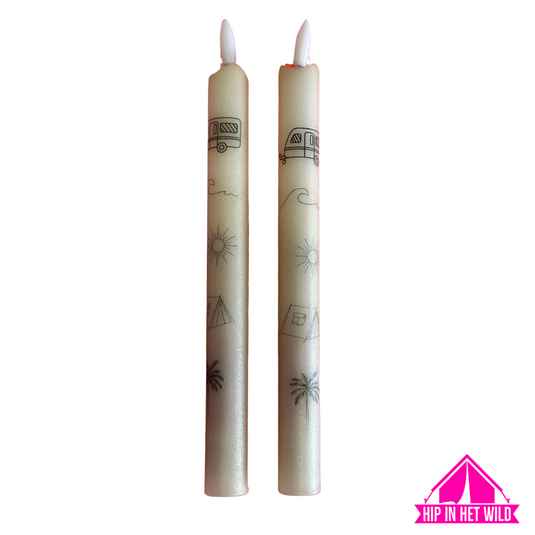 Ledkaars in beige met glinstering met caravan, tent en palmboom p.s.