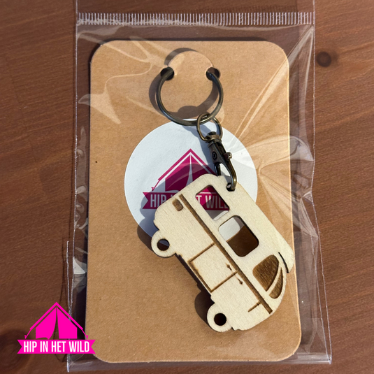 Houten Sleutelhangers in diverse type caravans, campers of vouwwagen