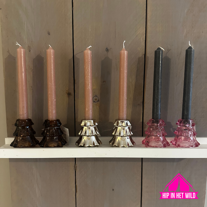 Afbeelding laden in Galerijviewer, Glazen kerstboom kandelaar – goud, bruin of roze (incl. kaars cadeau)
