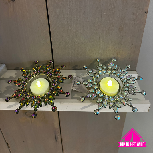 Waxinelichthouder ijskristal – met parelmoer steentjes