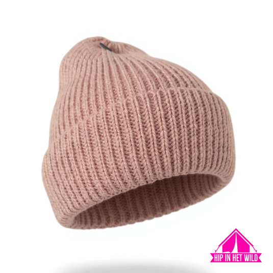 Gebreide muts in beige, zacht roze en burgundy