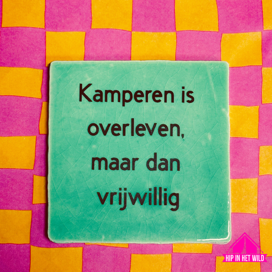 Tegeltje groen met tekst over kamperen is overleven
