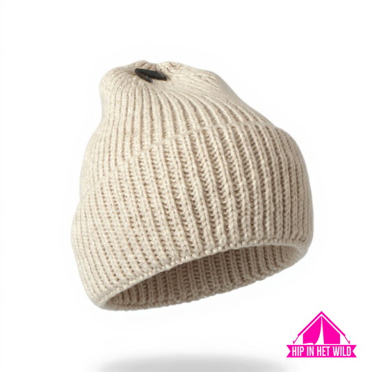 Gebreide muts in beige, zacht roze en burgundy