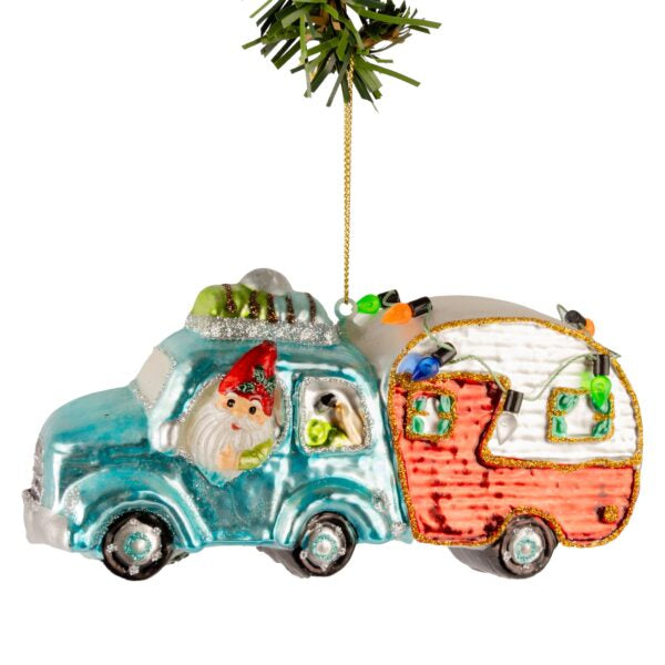 Afbeelding laden in Galerijviewer, Glazen Kerstbal - Auto met caravan op vakantie 15cm
