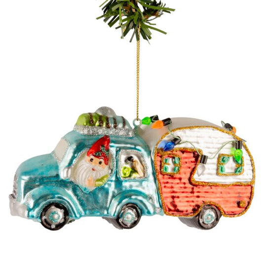 Glazen Kerstbal - Auto met caravan op vakantie 15cm