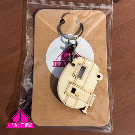 Houten Sleutelhangers in diverse type caravans, campers of vouwwagen
