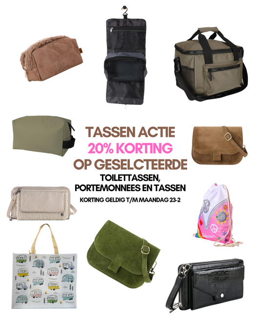 20% korting op portemonnees, toilettassen en geselecteerde tassen.