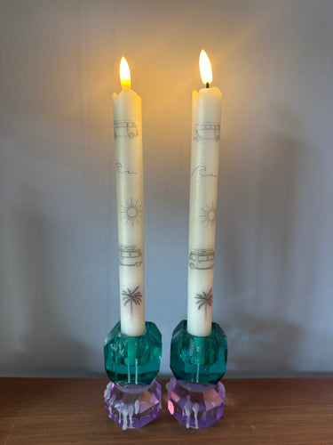 Ledkaars in beige met glinstering en retro camper palmboom p.st.