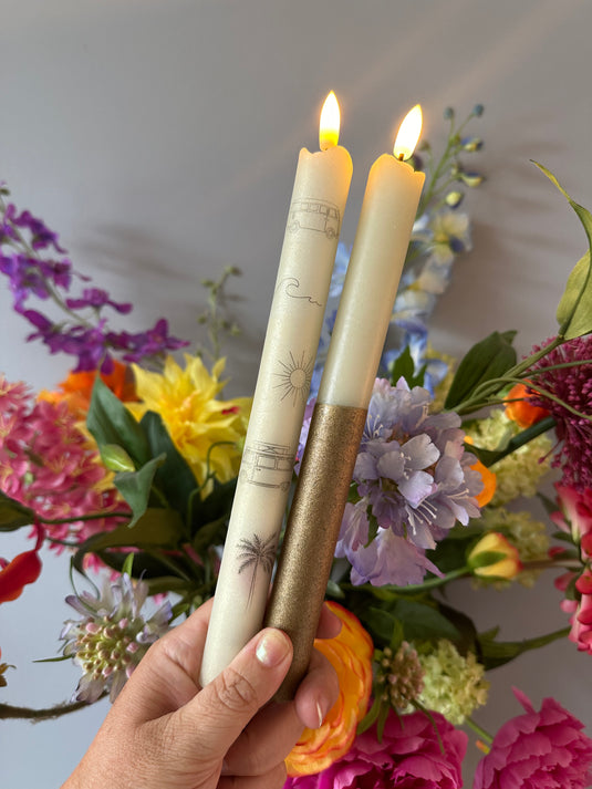 Ledkaars in beige met glinstering en retro camper palmboom p.st.