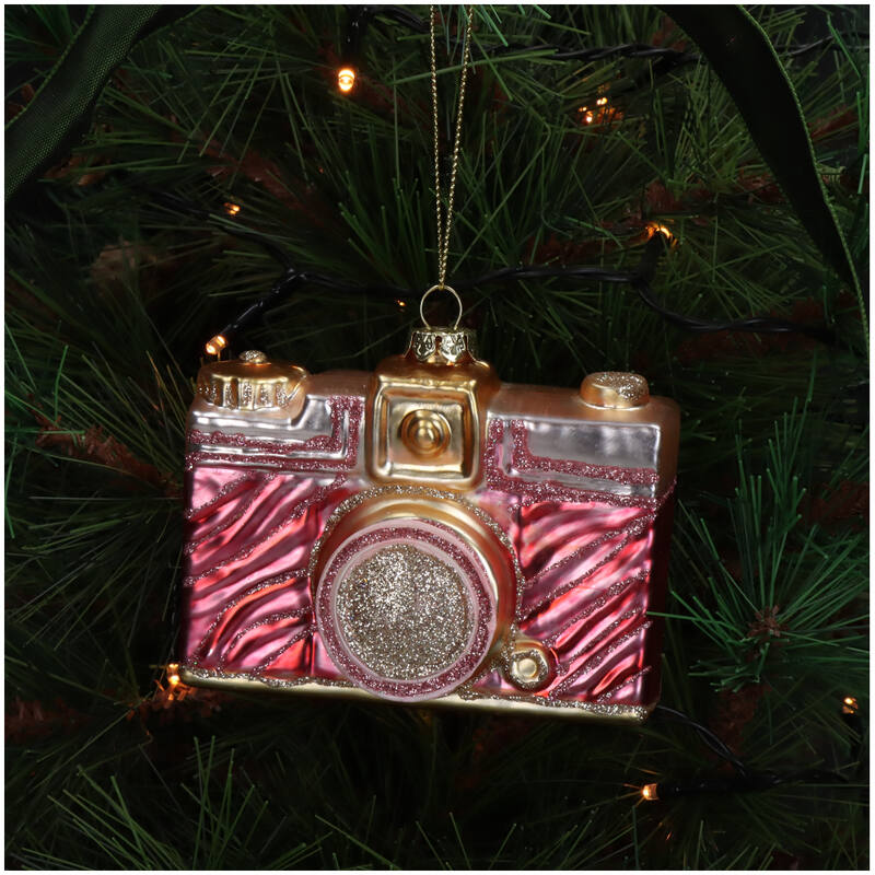 Afbeelding laden in Galerijviewer, Kerstornament Camera Zebra Roze met glitters – glas
