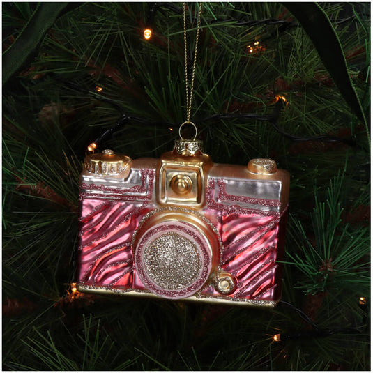 Kerstornament Camera Zebra Roze met glitters – glas
