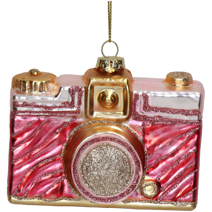 Kerstornament Camera Zebra Roze met glitters – glas