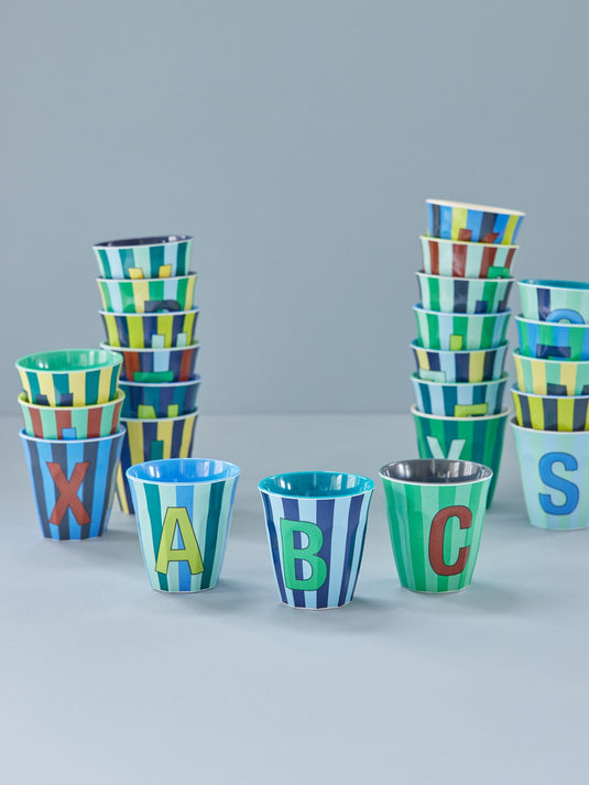 Rice - Melamine Alfabetbekers Strepen - Blauwe Tinten