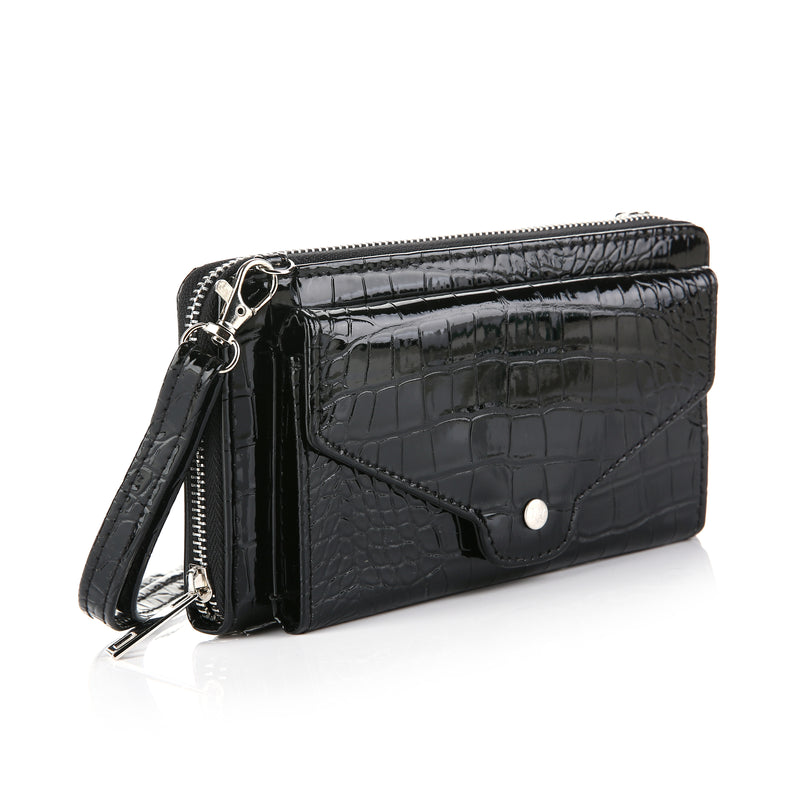 Afbeelding laden in Galerijviewer, Croco Portemonnee met telefoon vak zwart
