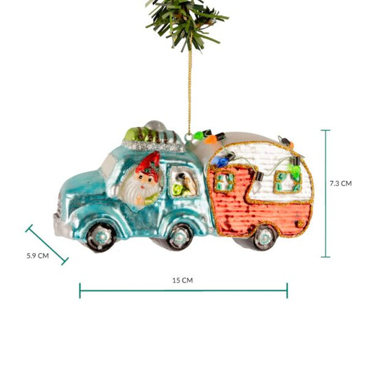 Glazen Kerstbal - Auto met caravan op vakantie 15cm