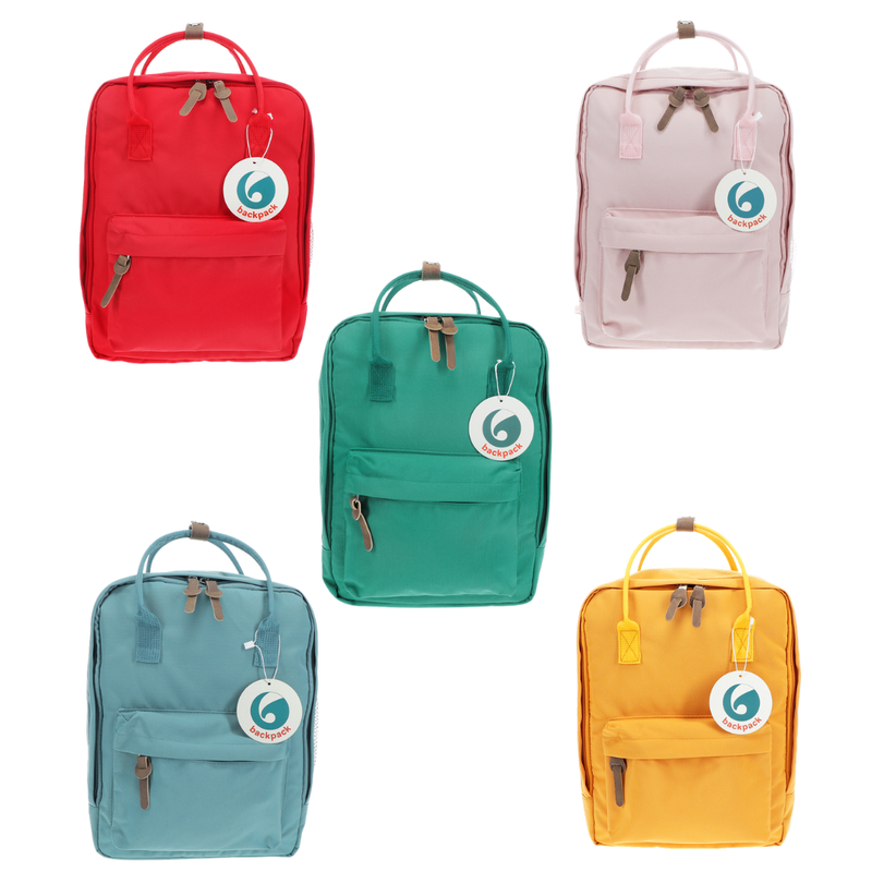 Afbeelding laden in Galerijviewer, Compacte rugzak in geel, rood, groenn blauw en roze.

