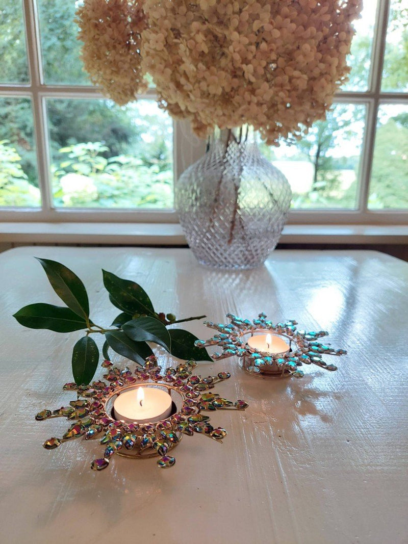 Afbeelding laden in Galerijviewer, Waxinelichthouder ijskristal – met parelmoer steentjes
